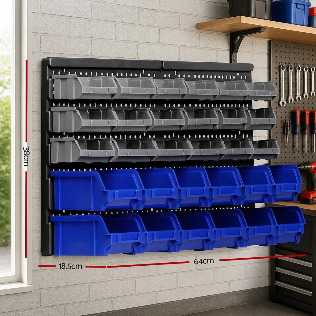 30 Bin Wall Mounted Storage Rack Organiser Tool Holder Durable Pegboard 38 x 64cm Blue Grey