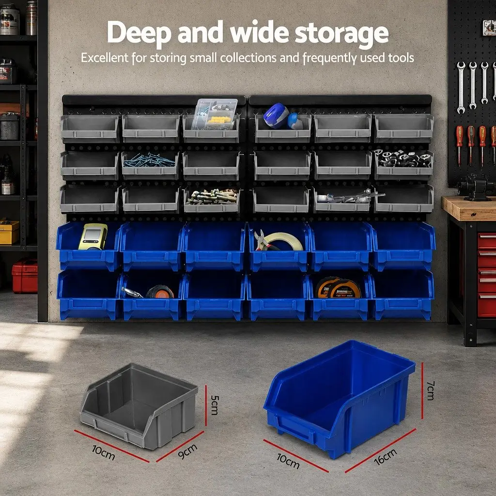 30 Bin Wall Mounted Storage Rack Organiser Tool Holder Durable Pegboard 38 x 64cm Blue Grey