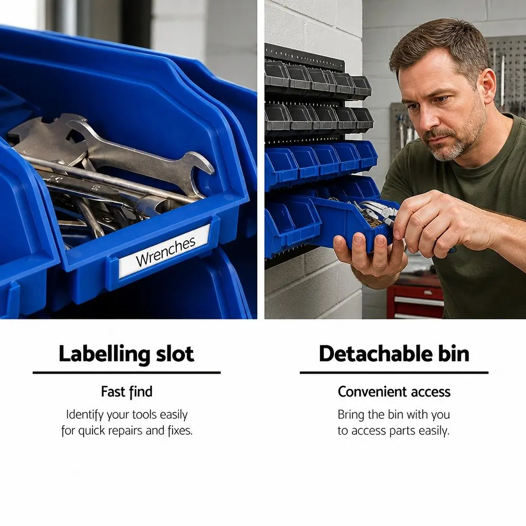 30 Bin Wall Mounted Storage Rack Organiser Tool Holder Durable Pegboard 38 x 64cm Blue Grey