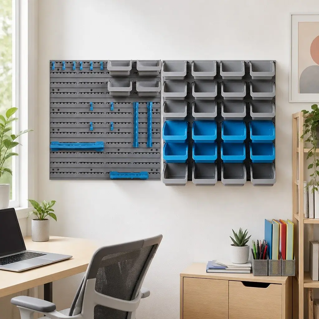 44 Piece Wall Mounted Storage Rack System Detachable Bins Heavy Duty Peg Board Organizers Blue or Grey