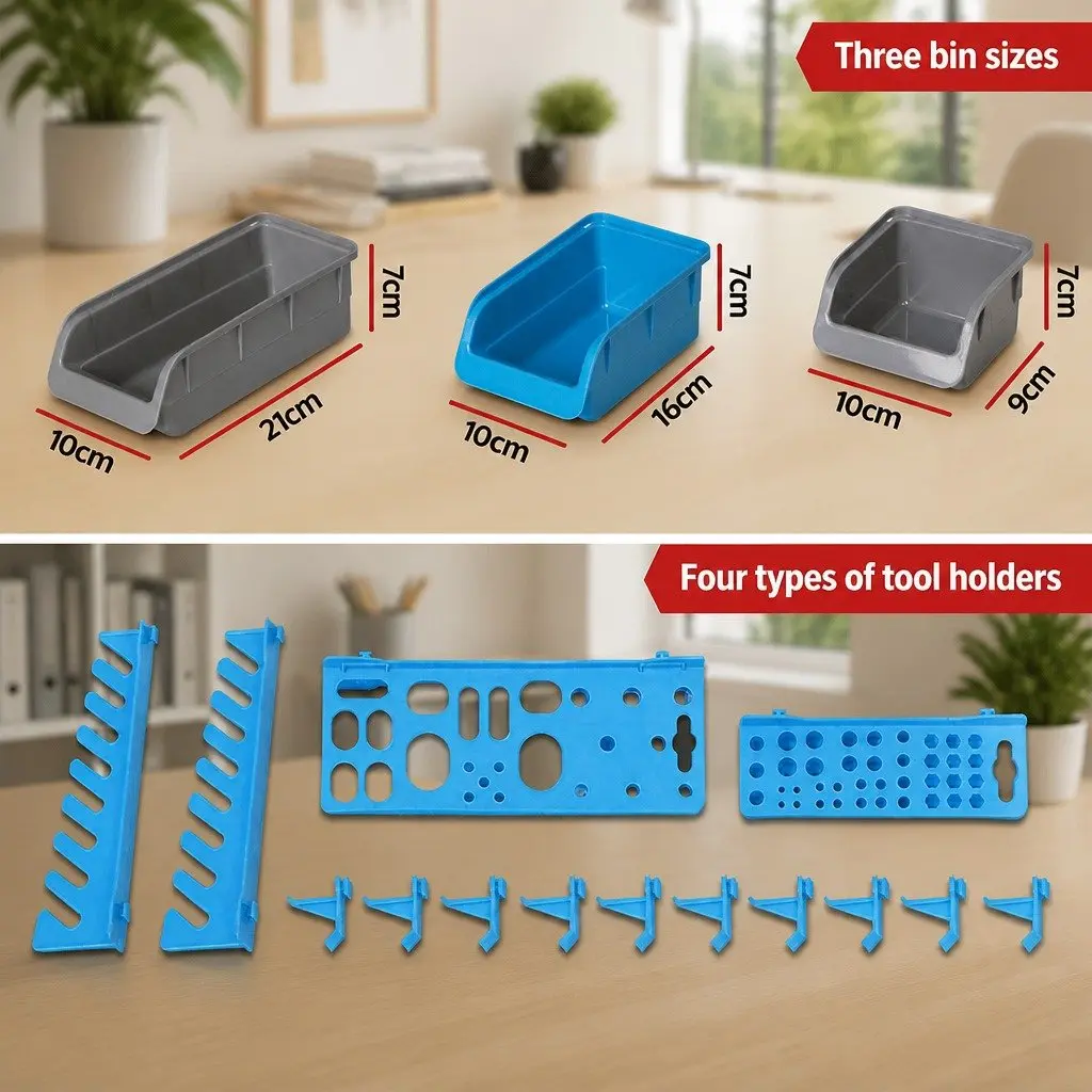 44 Piece Wall Mounted Storage Rack System Detachable Bins Heavy Duty Peg Board Organizers Blue or Grey