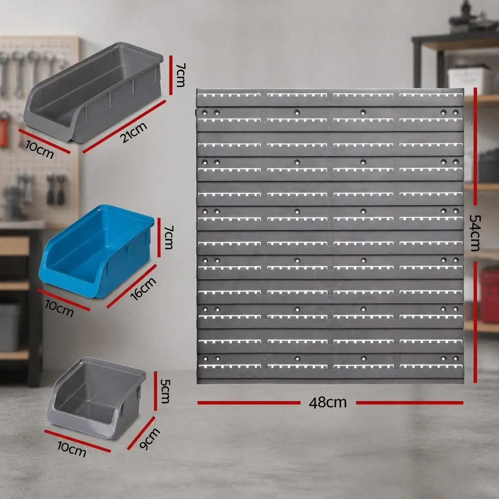 48 Bin Storage Rack Wall Mounted Steel Pegboard Organizer Grey