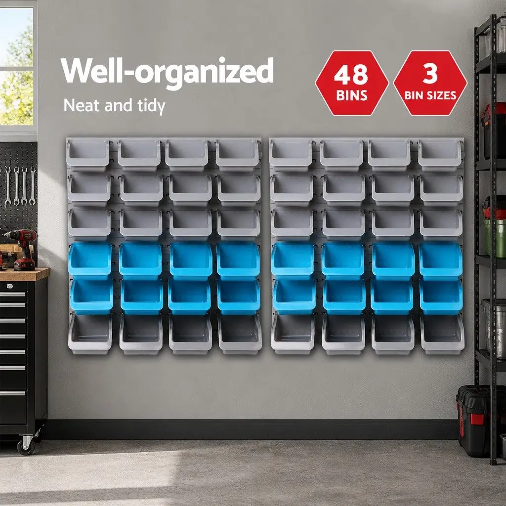 48 Bin Storage Rack Wall Mounted Steel Pegboard Organizer Grey