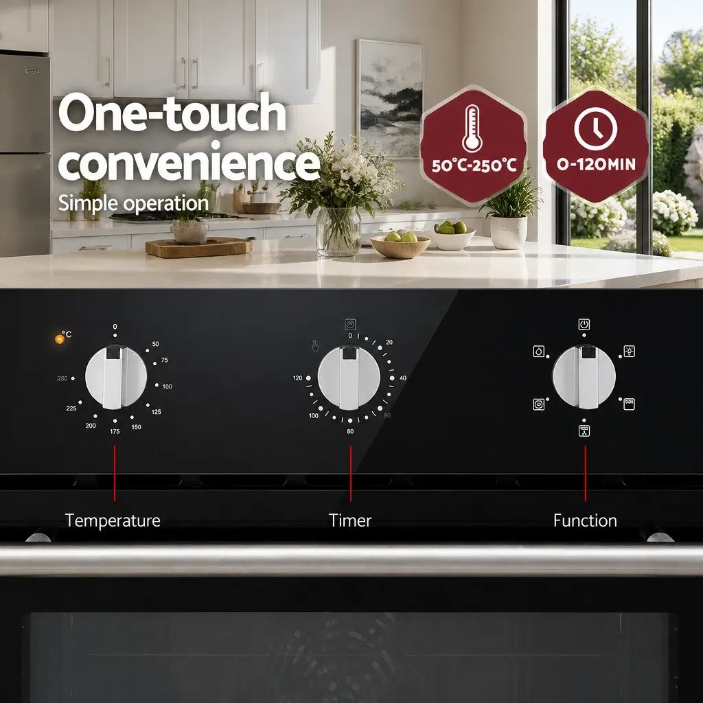 Electric Built-In Wall Oven 60cm Black Kitchen Cooking Appliance 70L Capacity
