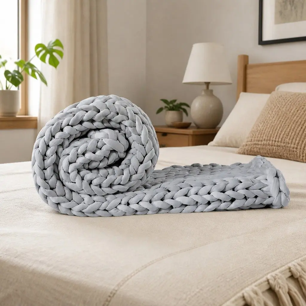Weighted Knitted Blanket Chunky Polyester Adult Kids Grey Pink Blue Green Navy Yellow