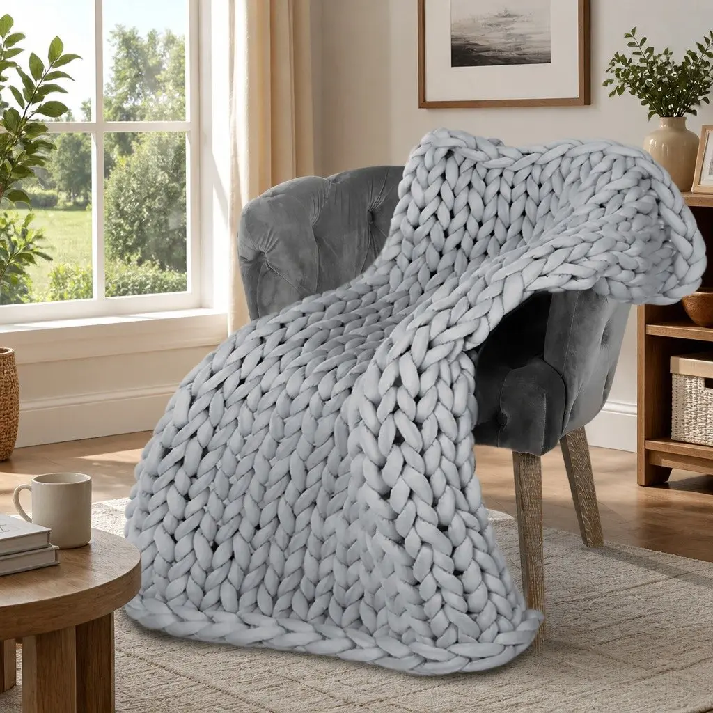 Weighted Knitted Blanket Chunky Polyester Adult Kids Grey Pink Blue Green Navy Yellow