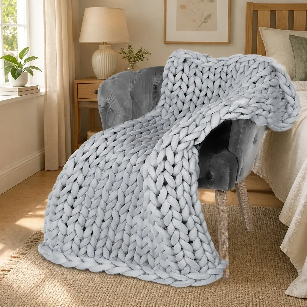 Weighted Knitted Blanket Chunky Polyester Adult Kids Grey Pink Blue Green Navy Yellow