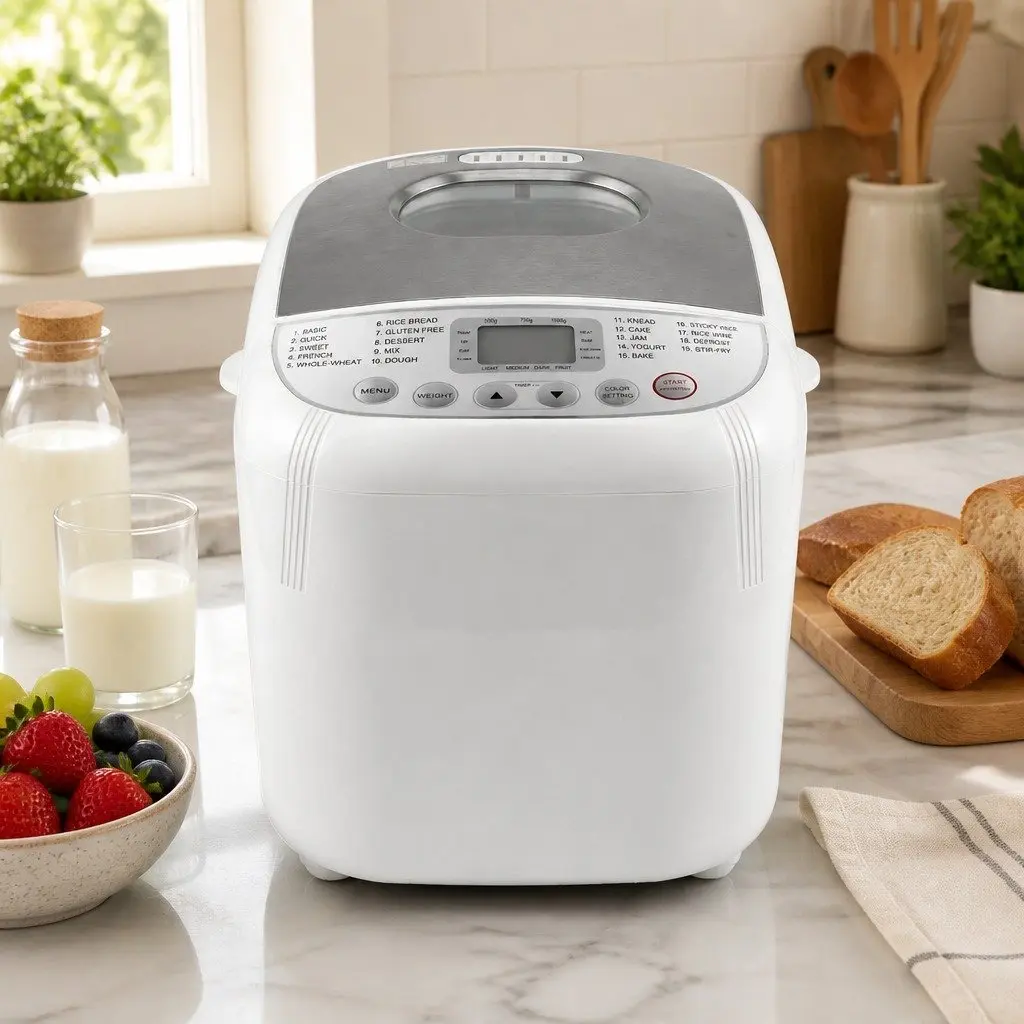 Bread Maker Machine Automatic 19 Programs 2lb Non-Stick Pan Stainless Steel White