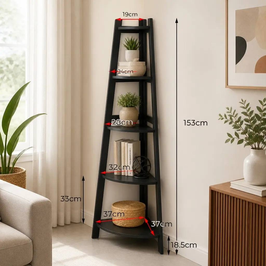 5 Tier Corner Shelf MDF Storage Display Organiser Black Vertical Unit
