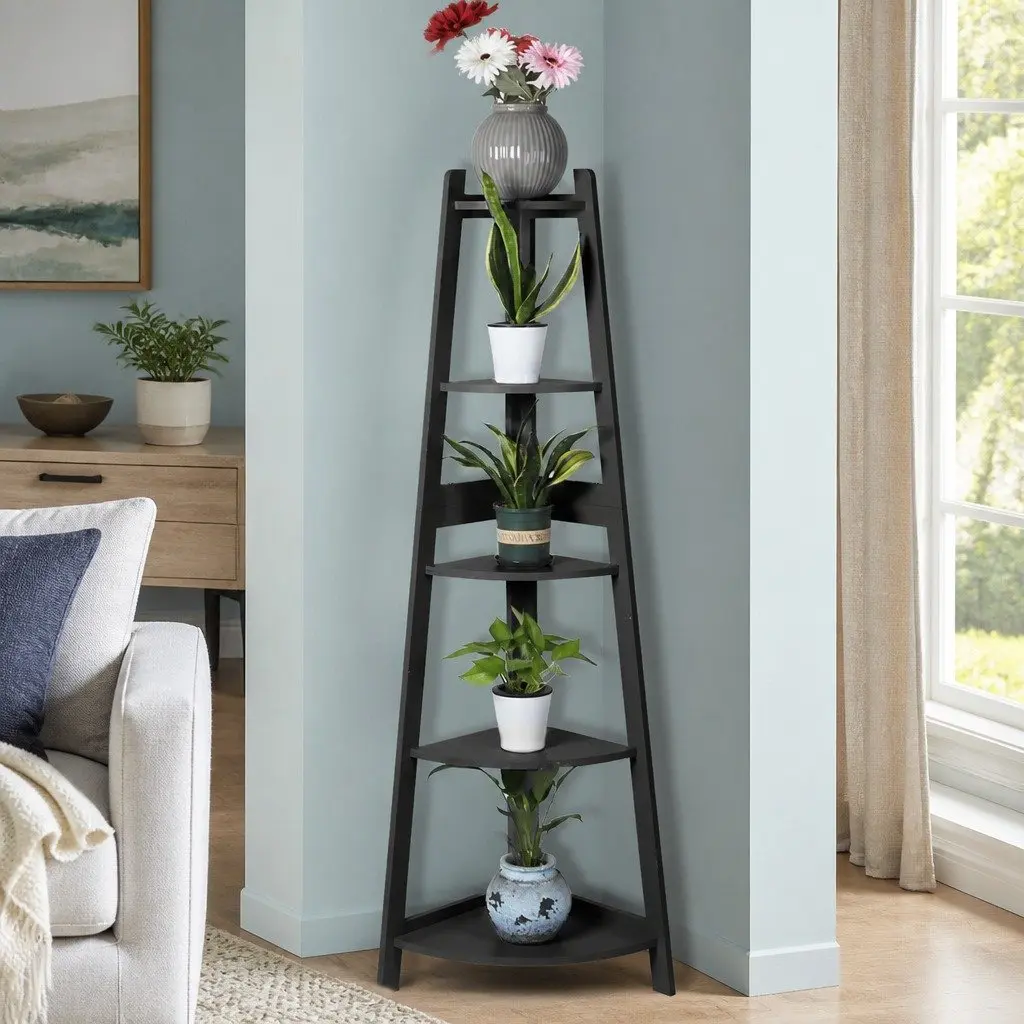 5 Tier Corner Shelf MDF Storage Display Organiser Black Vertical Unit