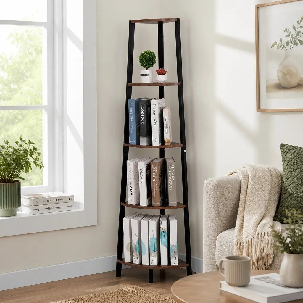 5 Tier Corner Shelf Industrial Ladder Bookcase Brown MDF Steel 34cm x 34cm x 159cm