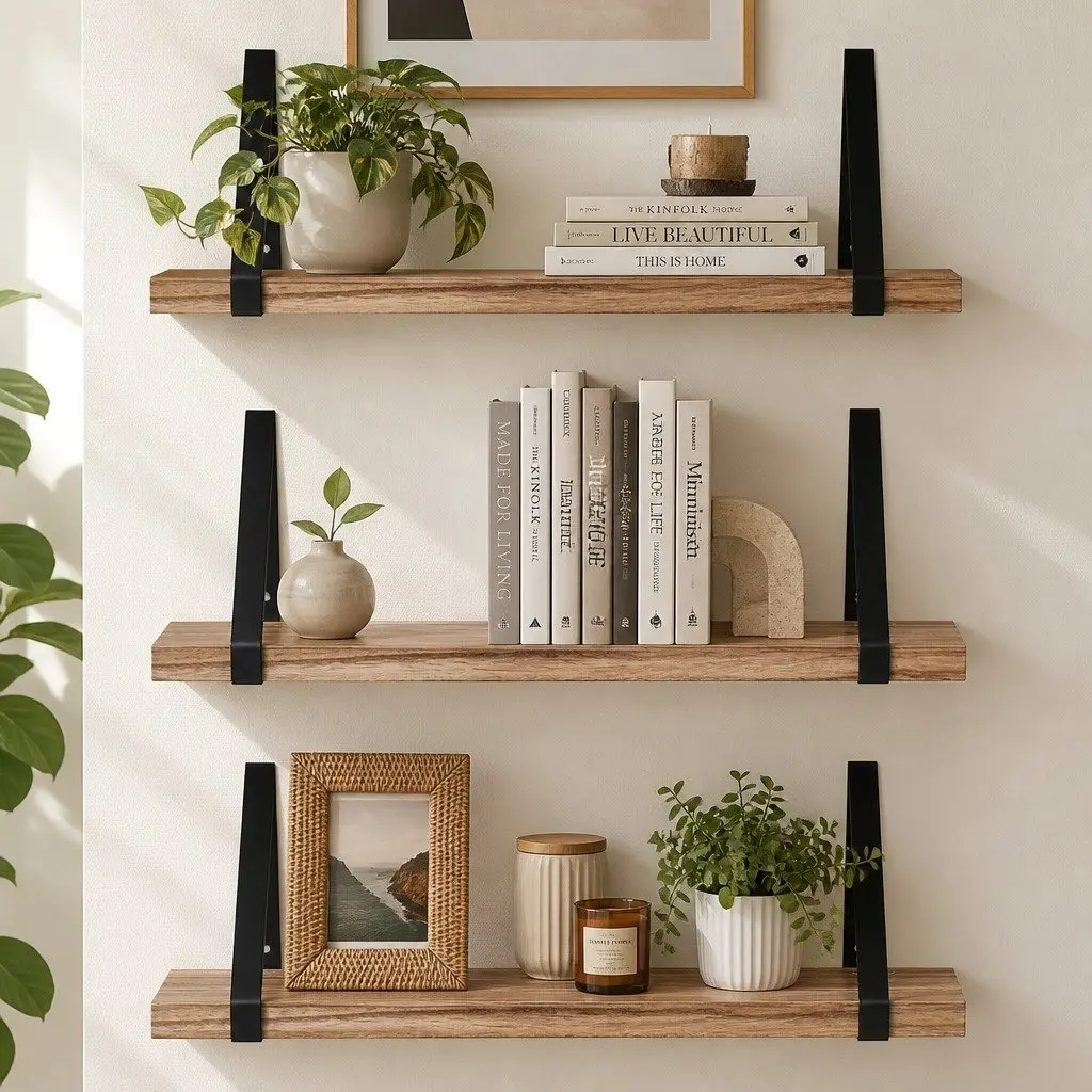 Floating Shelf Wooden Wall Storage Display Rack 43cm Natural 3 Piece