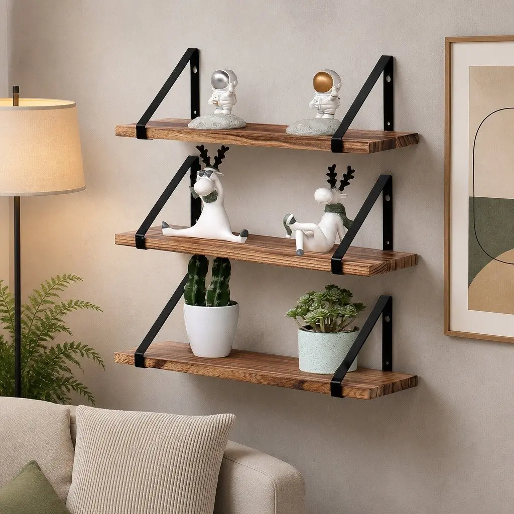 Floating Shelf Wooden Wall Storage Display Rack 43cm Natural 3 Piece