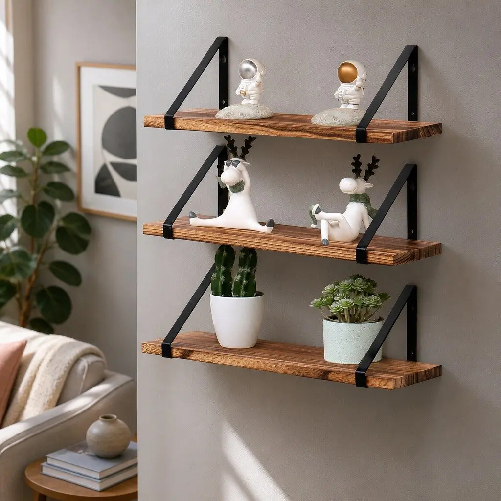 Floating Shelf Wooden Wall Storage Display Rack 43cm Natural 3 Piece