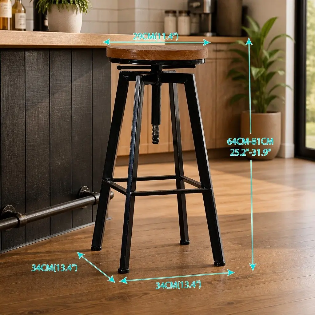 Bar Stools Industrial Metal Wooden Adjustable Height Swivel Seat 2 Piece