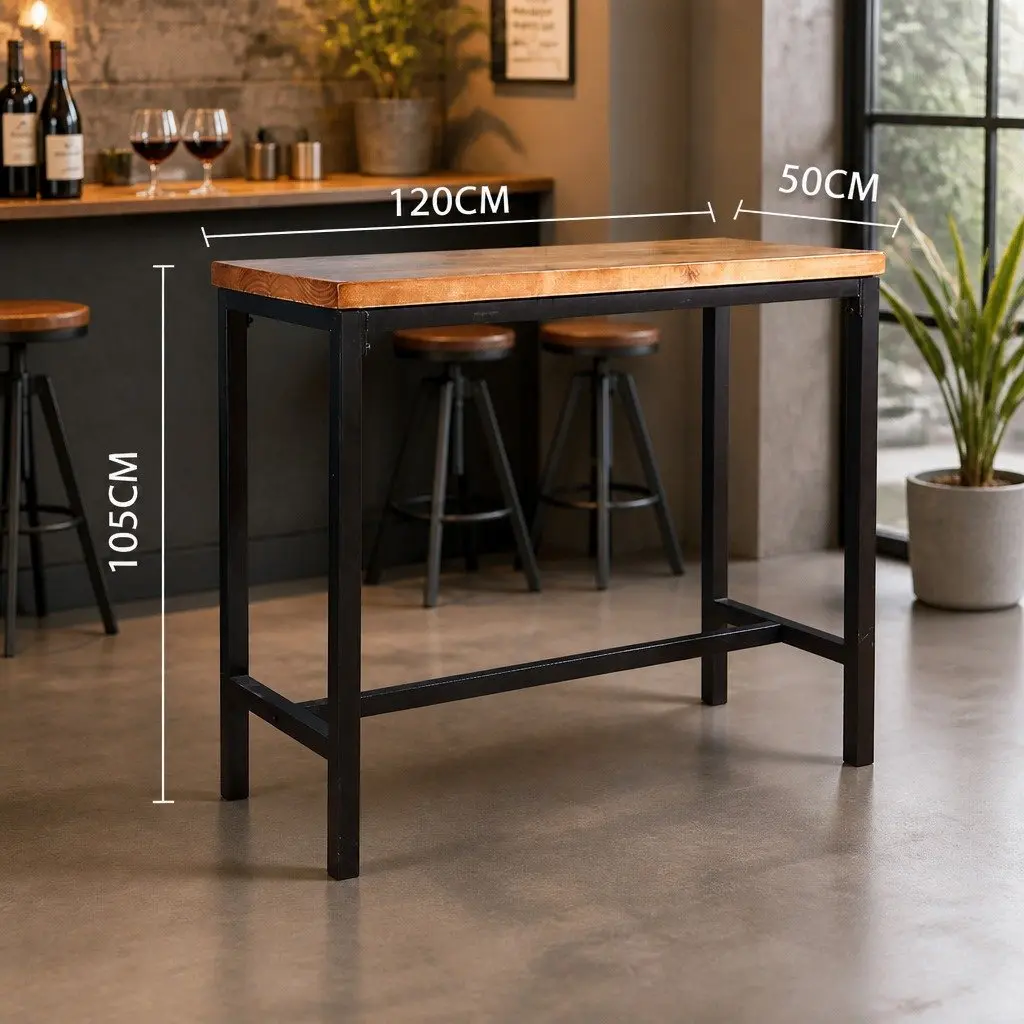 High Bar Table Solid Wood Steel Frame Industrial Cafe Kitchen Dining Furniture