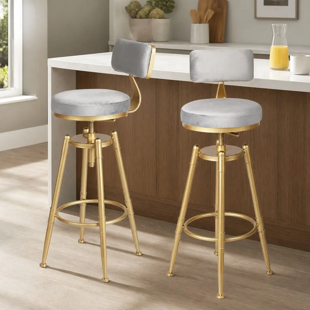 Bar Stools Velvet Seat Adjustable Height Swivel Chair 70-87cm Grey