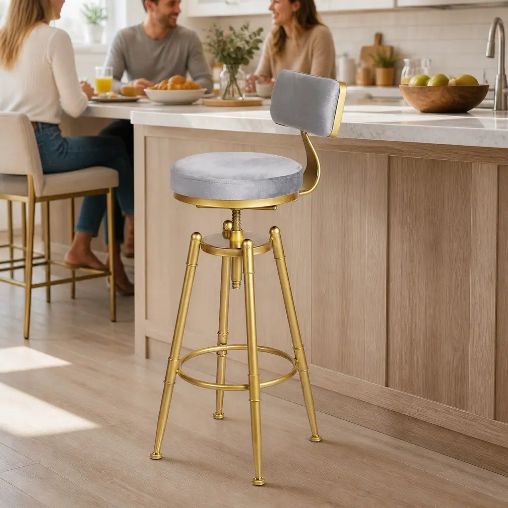 Bar Stools Velvet Seat Adjustable Height Swivel Chair 70-87cm Grey