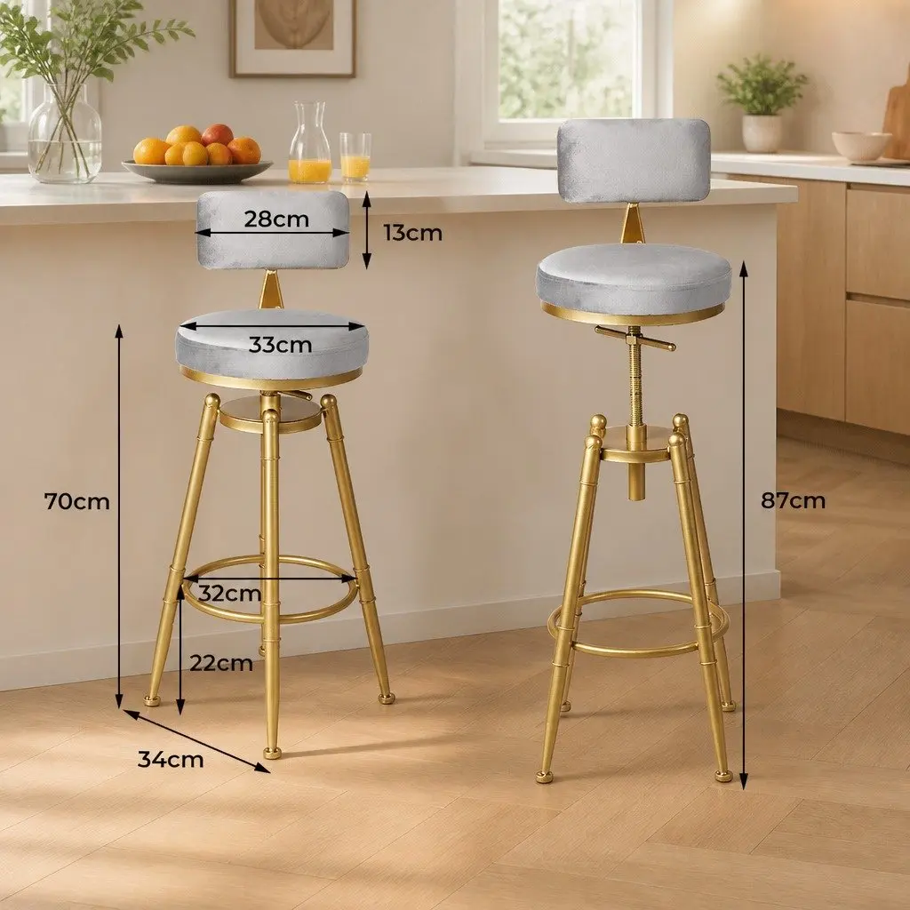 Bar Stools Velvet Seat Adjustable Height Swivel Chair 70-87cm Grey