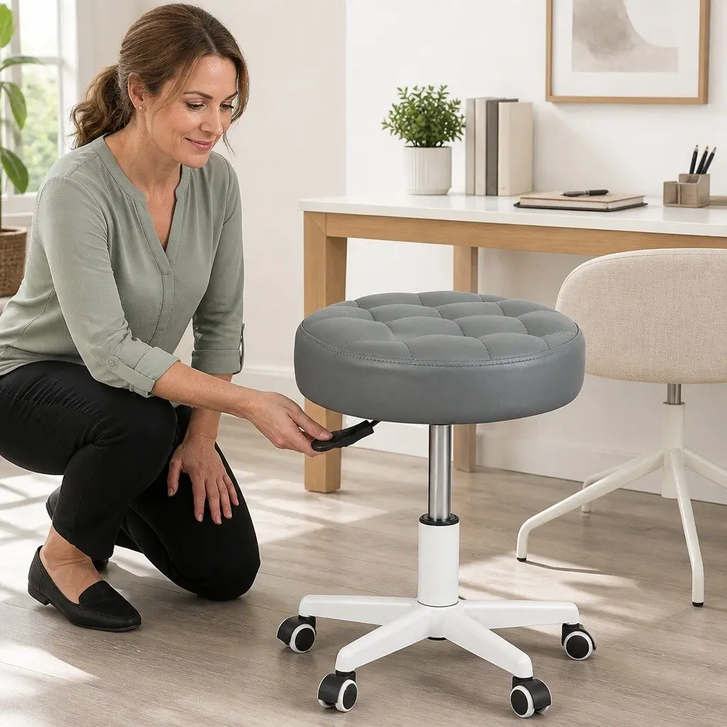 Rolling Bar Stool PU Leather Grey Gas Lift 360° Swivel Casters