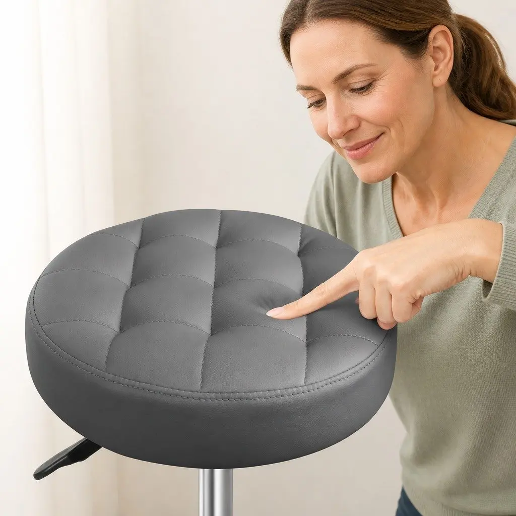 Rolling Bar Stool PU Leather Grey Gas Lift 360° Swivel Casters