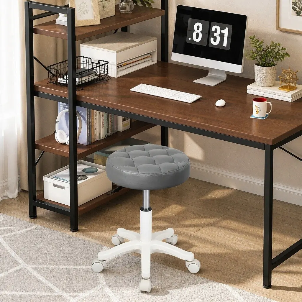 Rolling Bar Stool PU Leather Grey Gas Lift 360° Swivel Casters