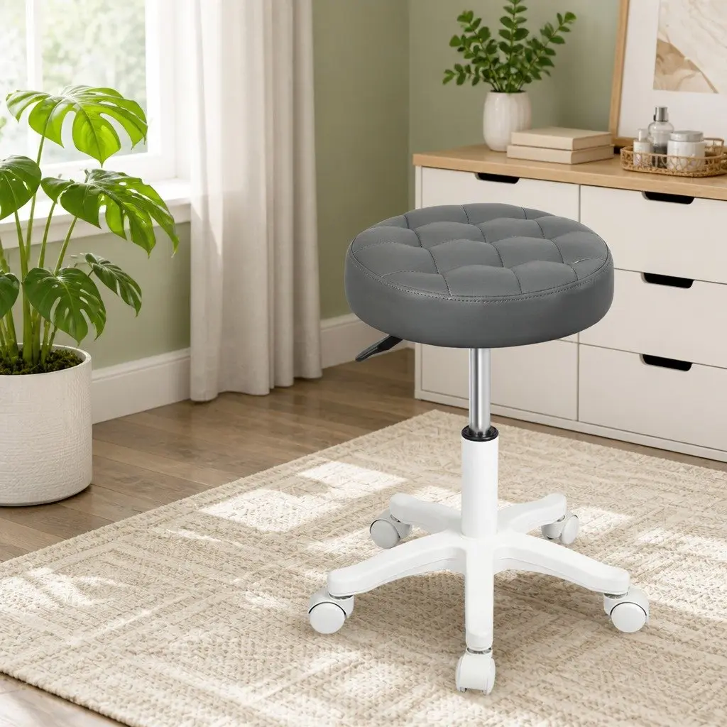 Rolling Bar Stool PU Leather Grey Gas Lift 360° Swivel Casters