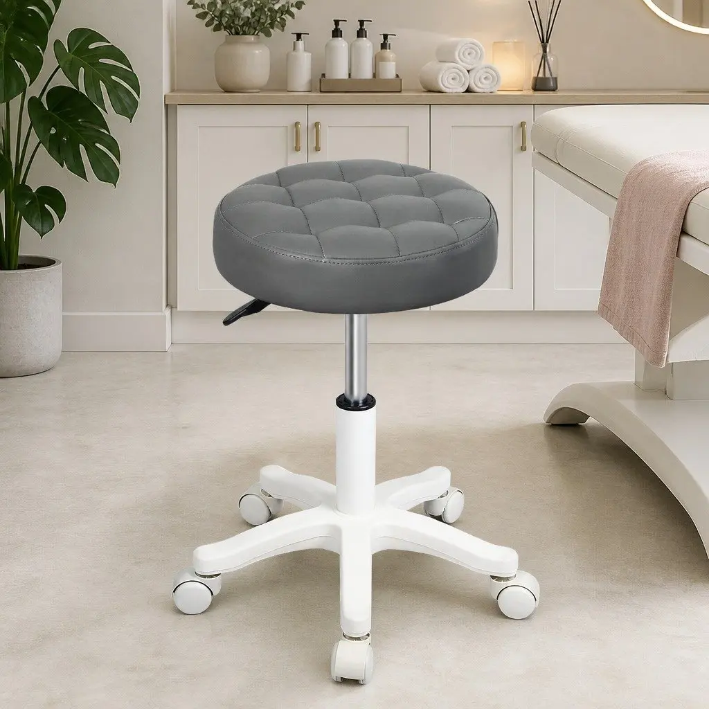Rolling Bar Stool PU Leather Grey Gas Lift 360° Swivel Casters