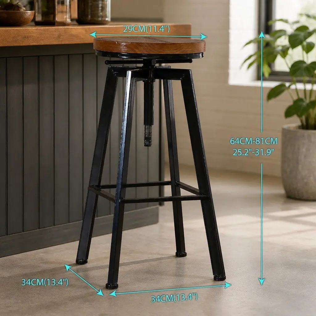 Industrial Bar Stool Vintage Swivel Stool Adjustable Height Solid Wood Seat Metallic Construction 64 to 81cm