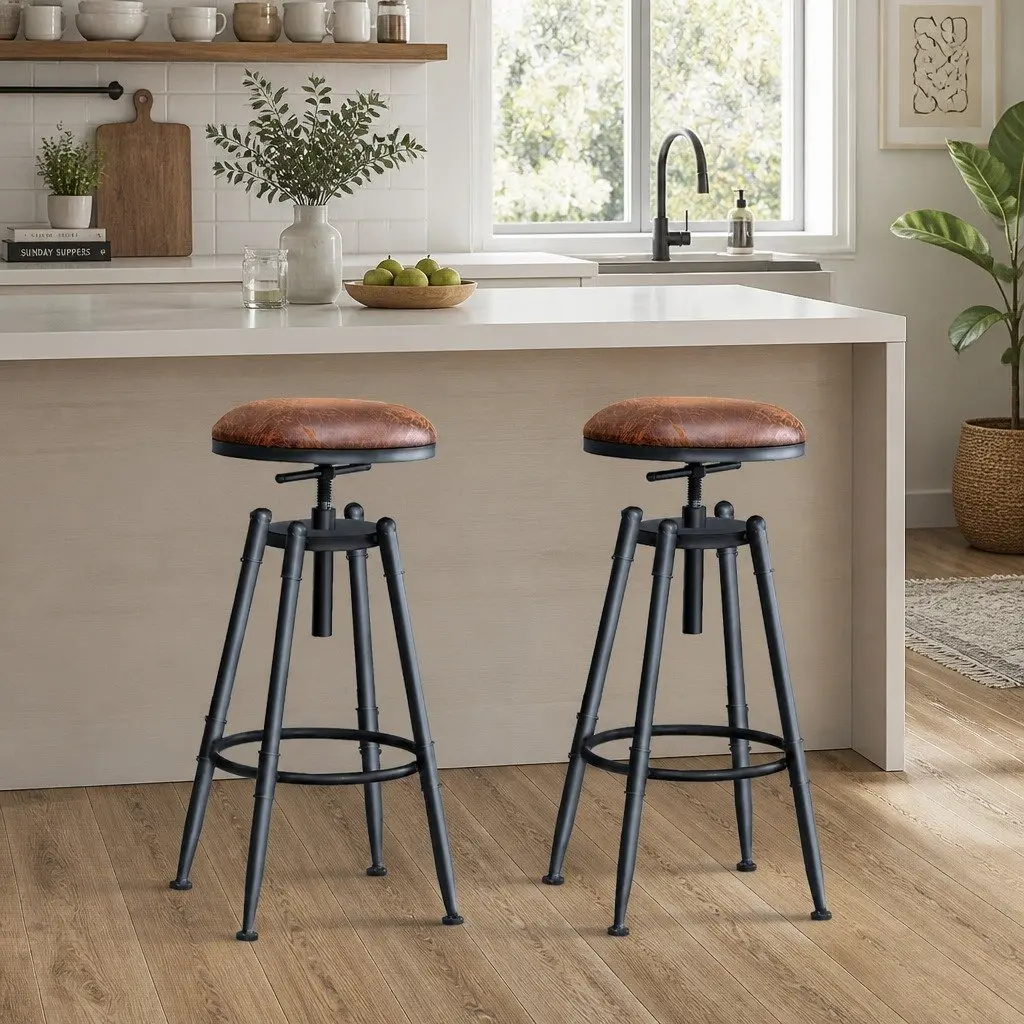 Bar Stools Industrial Metal Frame Adjustable Height Swivel Seat Vintage Style Set of 2
