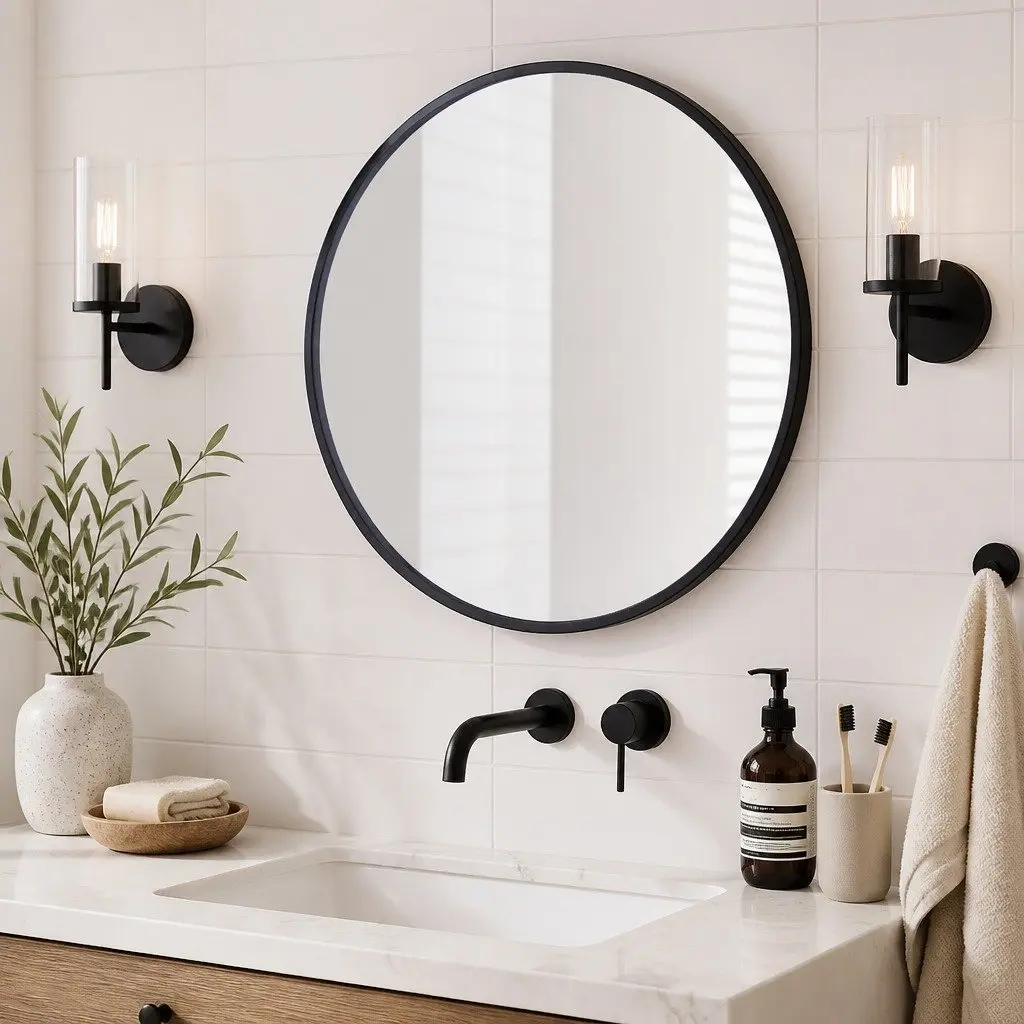 Round Mirror Steel Frame Wall Mountable Bathroom Bedroom Living Room Black 50cm 60cm 70cm 80cm
