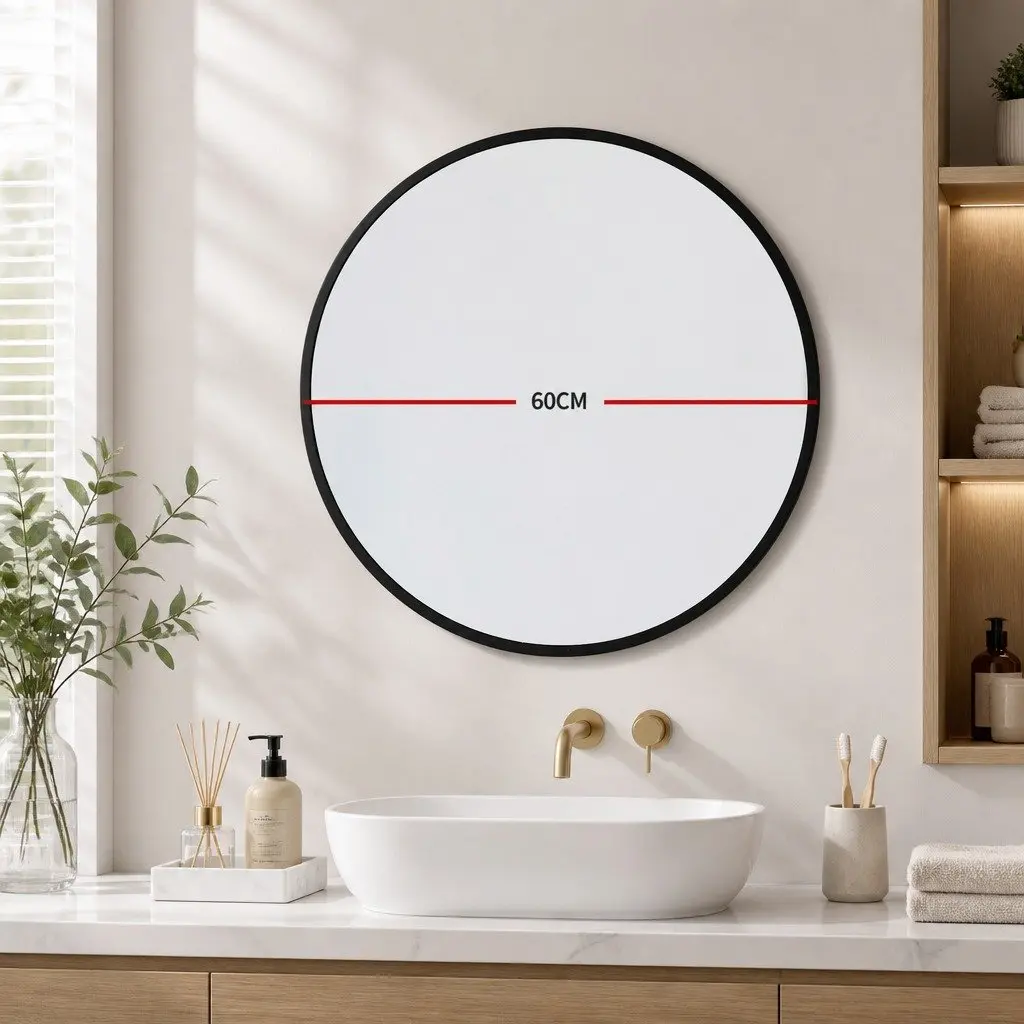 Round Mirror Steel Frame Wall Mountable Bathroom Bedroom Living Room Black 50cm 60cm 70cm 80cm