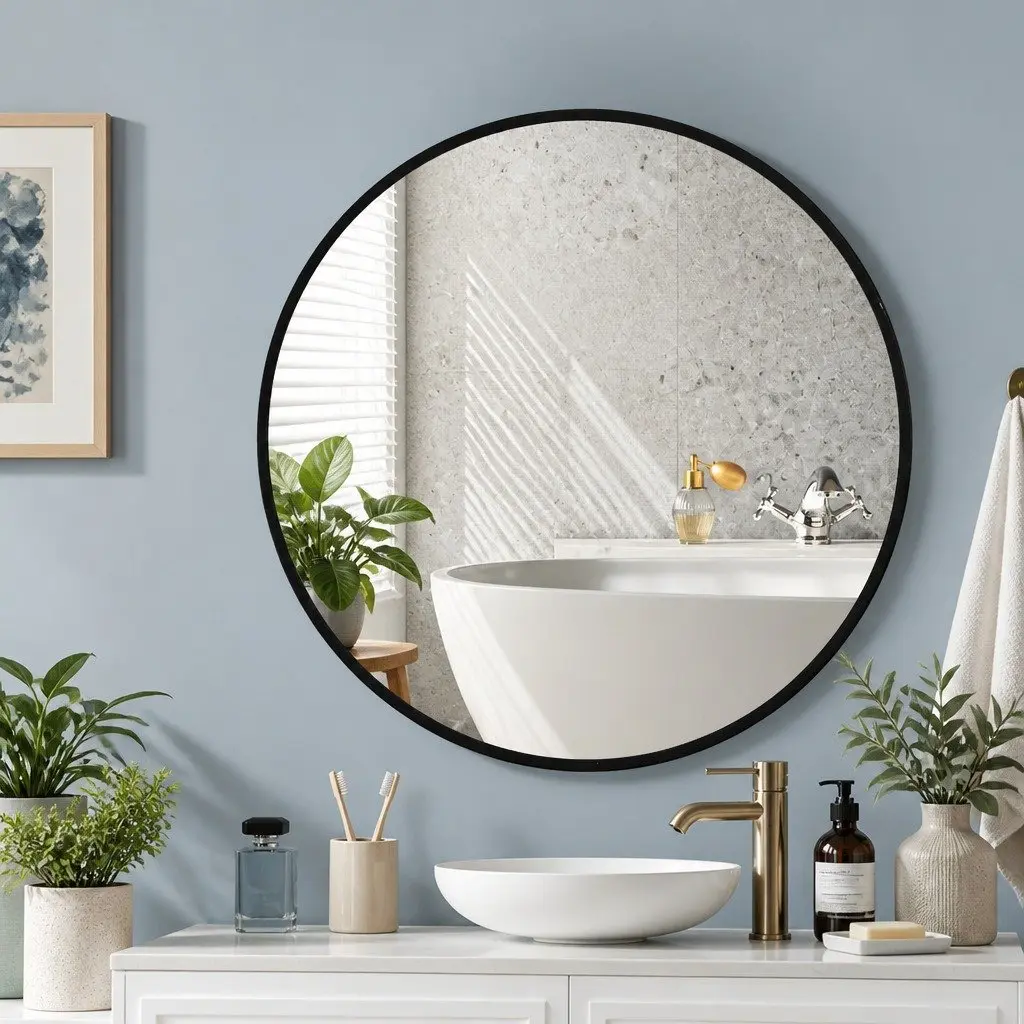 Round Mirror Steel Frame Wall Mountable Bathroom Bedroom Living Room Black 50cm 60cm 70cm 80cm