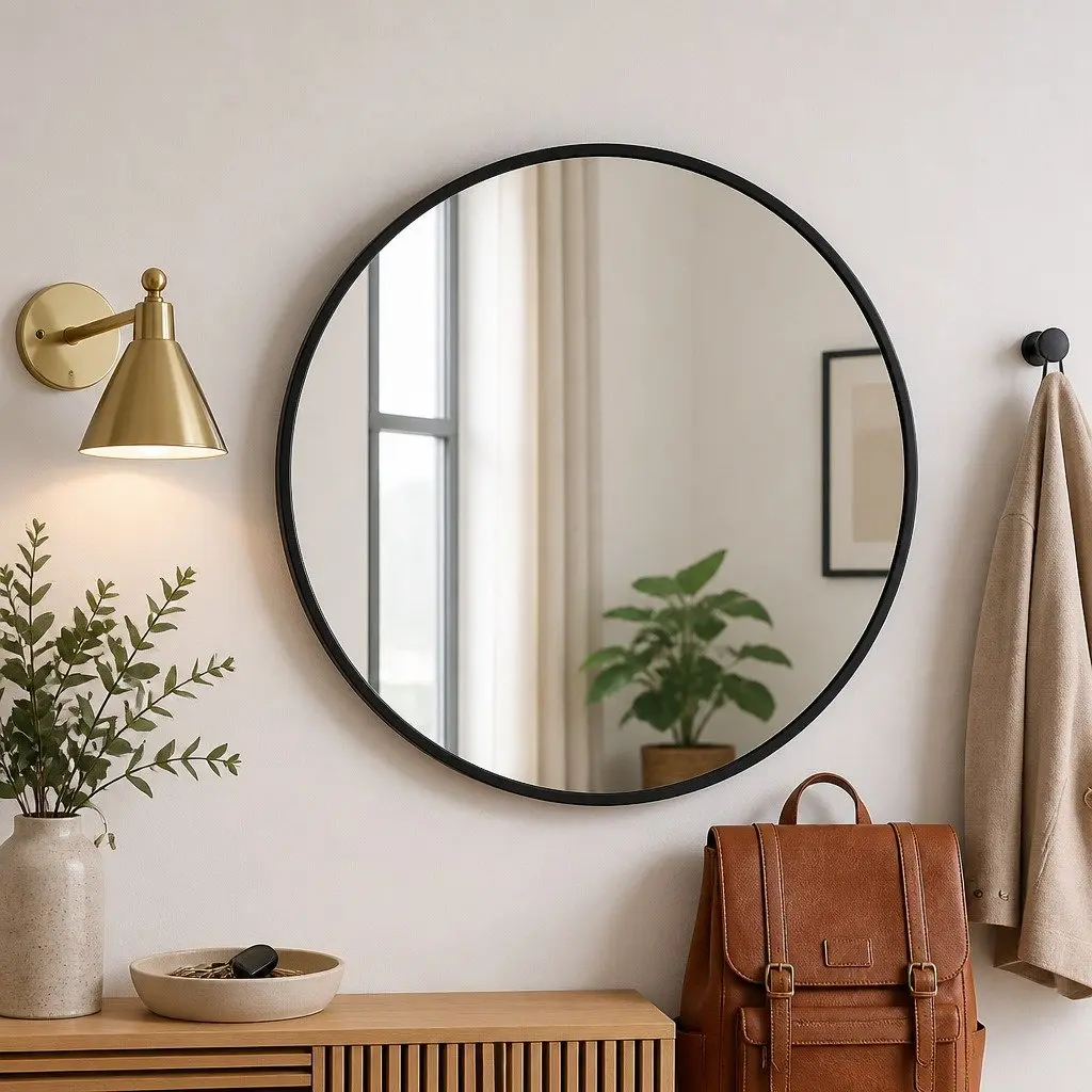 Round Mirror Steel Frame Wall Mountable Bathroom Bedroom Living Room Black 50cm 60cm 70cm 80cm