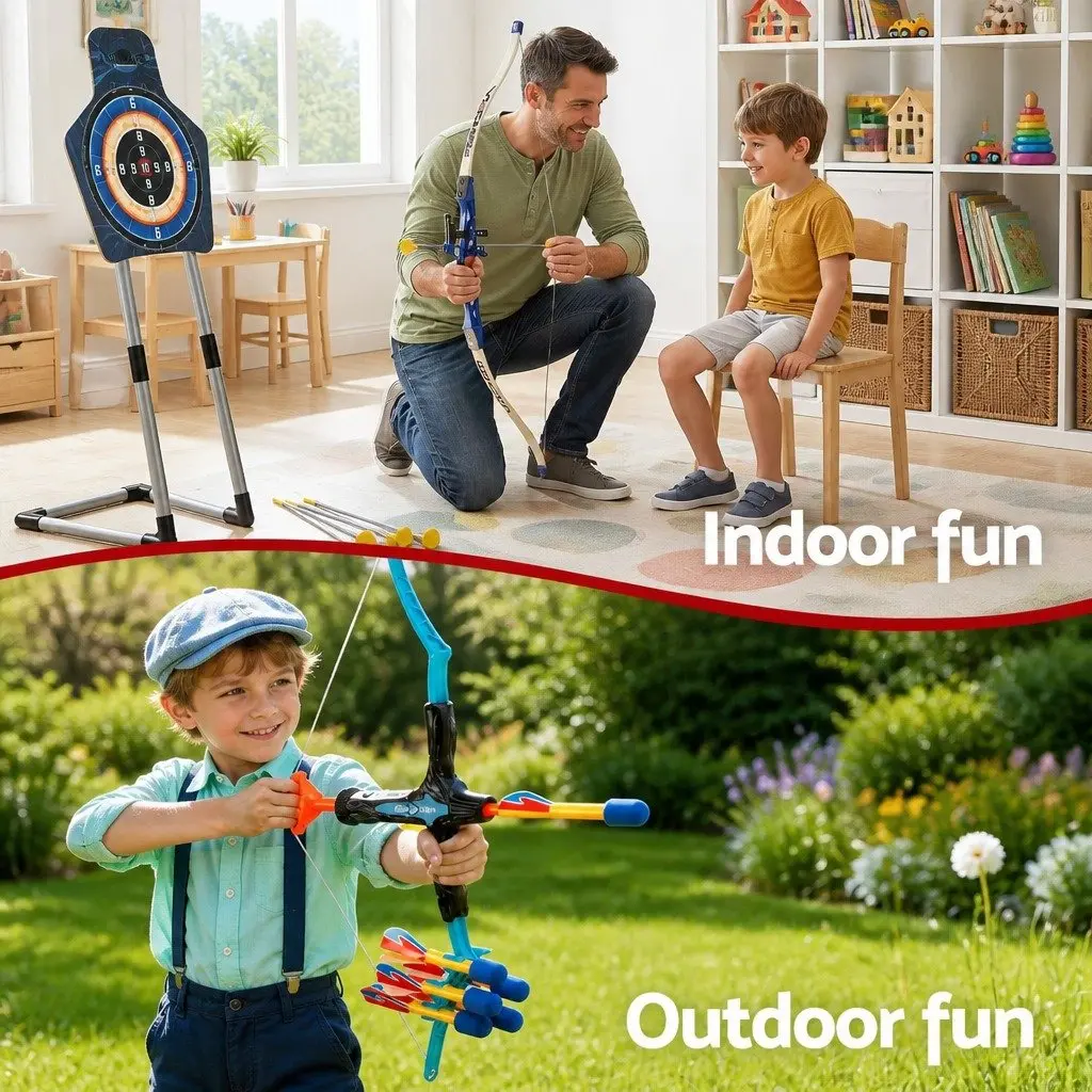 Kids Archery Target Practice Set Portable Bow and Arrow Toy 81cm Blue Indoor Outdoor Activity