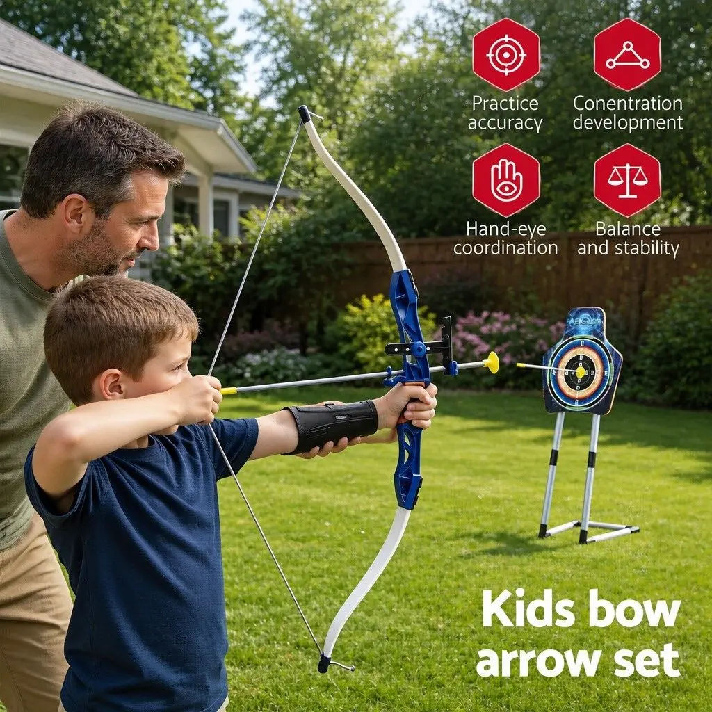 Kids Bow and Arrow Set ABS Plastic 81cm Blue with Standing Target and Goggles