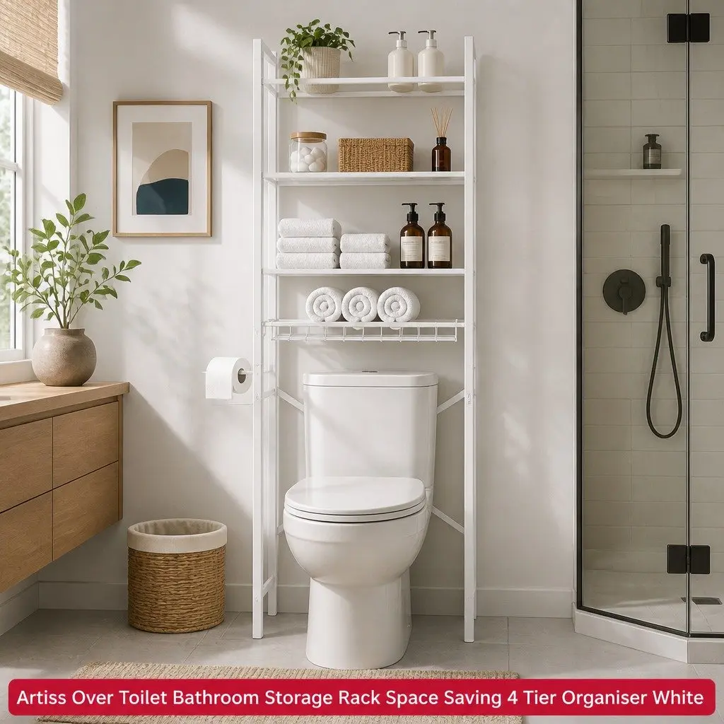 Over Toilet Storage Rack Iron 4 Tier Organiser Black