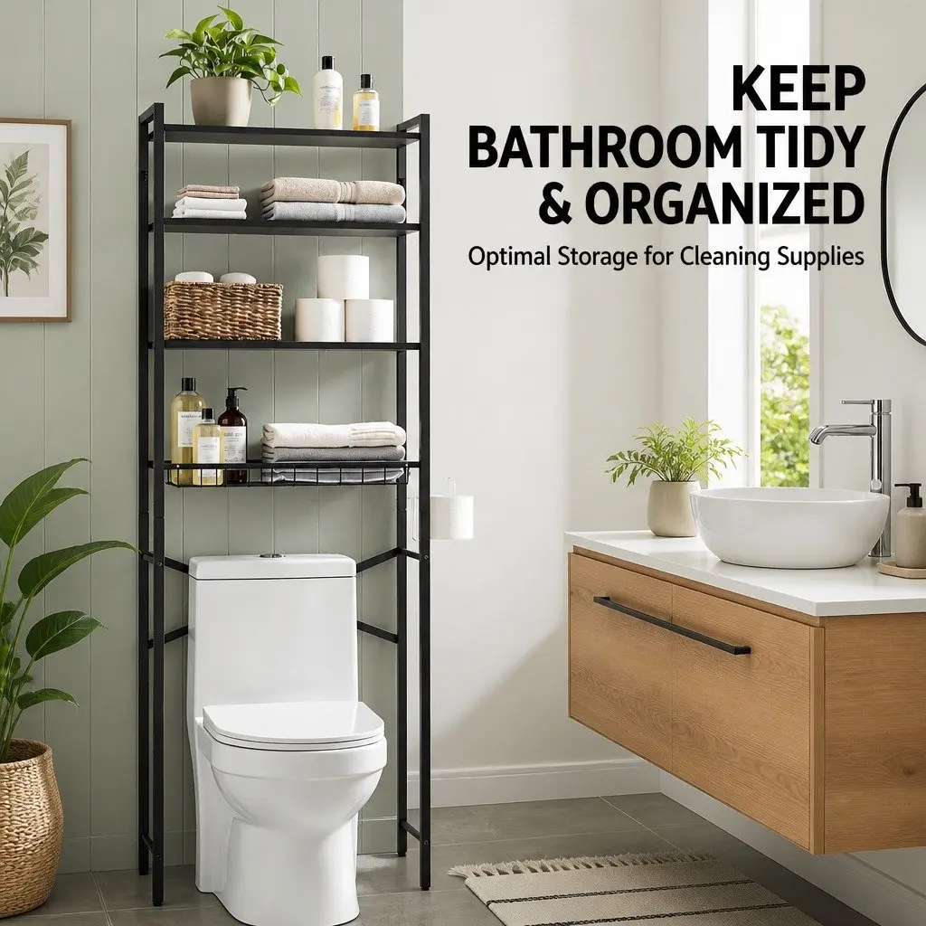 Over Toilet Storage Rack Iron 4 Tier Organiser Black