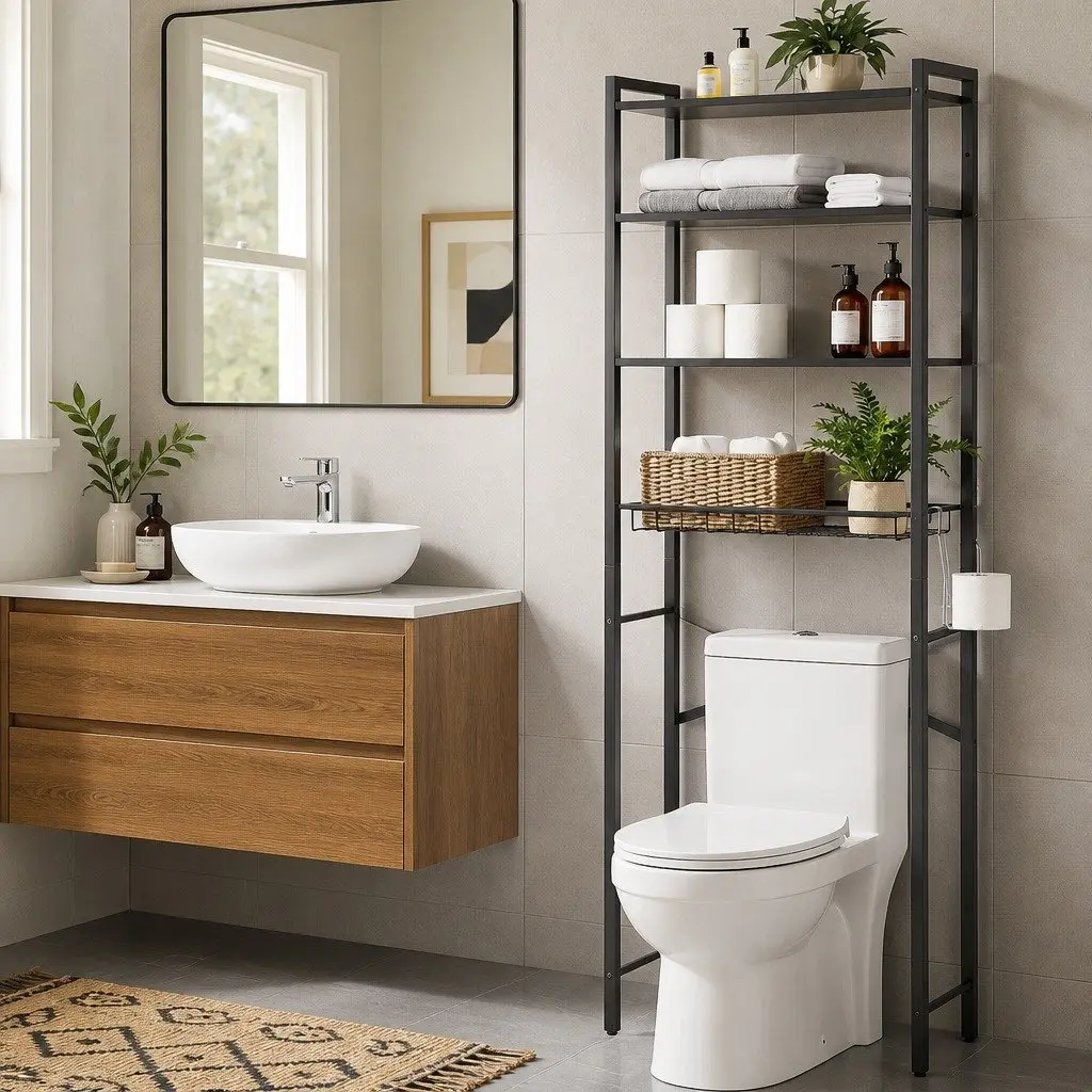 Over Toilet Storage Rack Iron 4 Tier Organiser Black