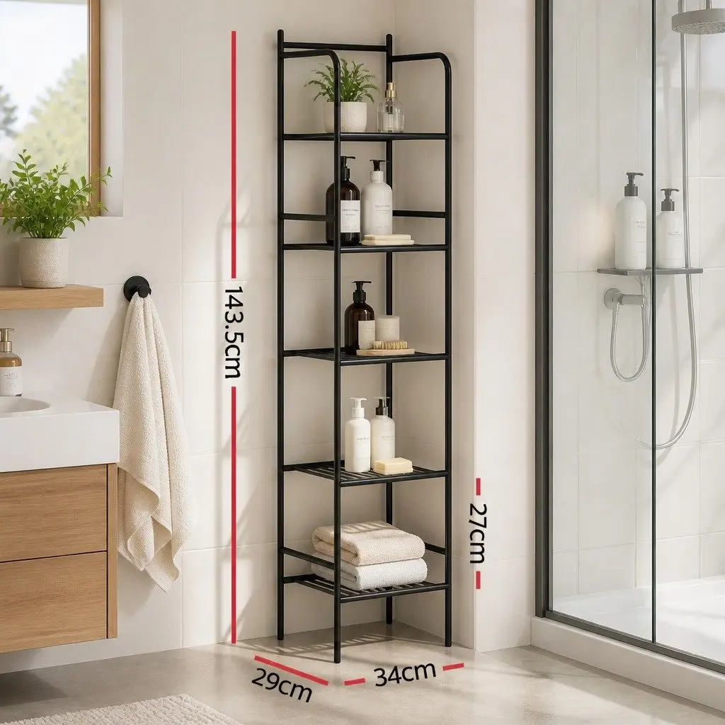 5 Tier Bathroom Storage Organizer Black Iron Floor Standing Corner Shower Caddy Maximizes Space