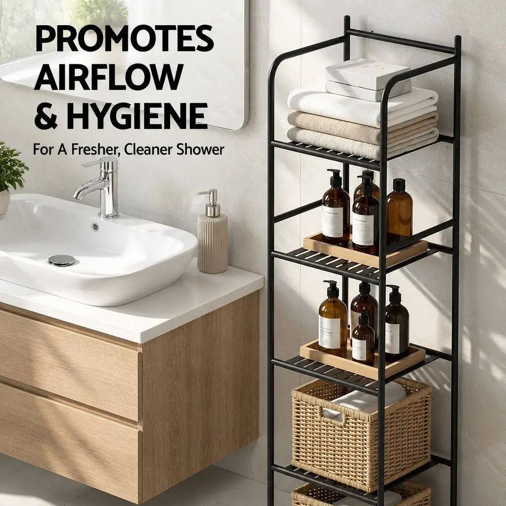 5 Tier Bathroom Storage Organizer Black Iron Floor Standing Corner Shower Caddy Maximizes Space