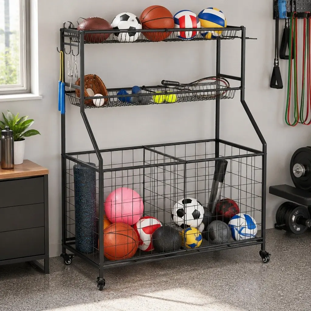 Sports Equipment Organizer Steel Frame 92 x 43 x 116cm Black