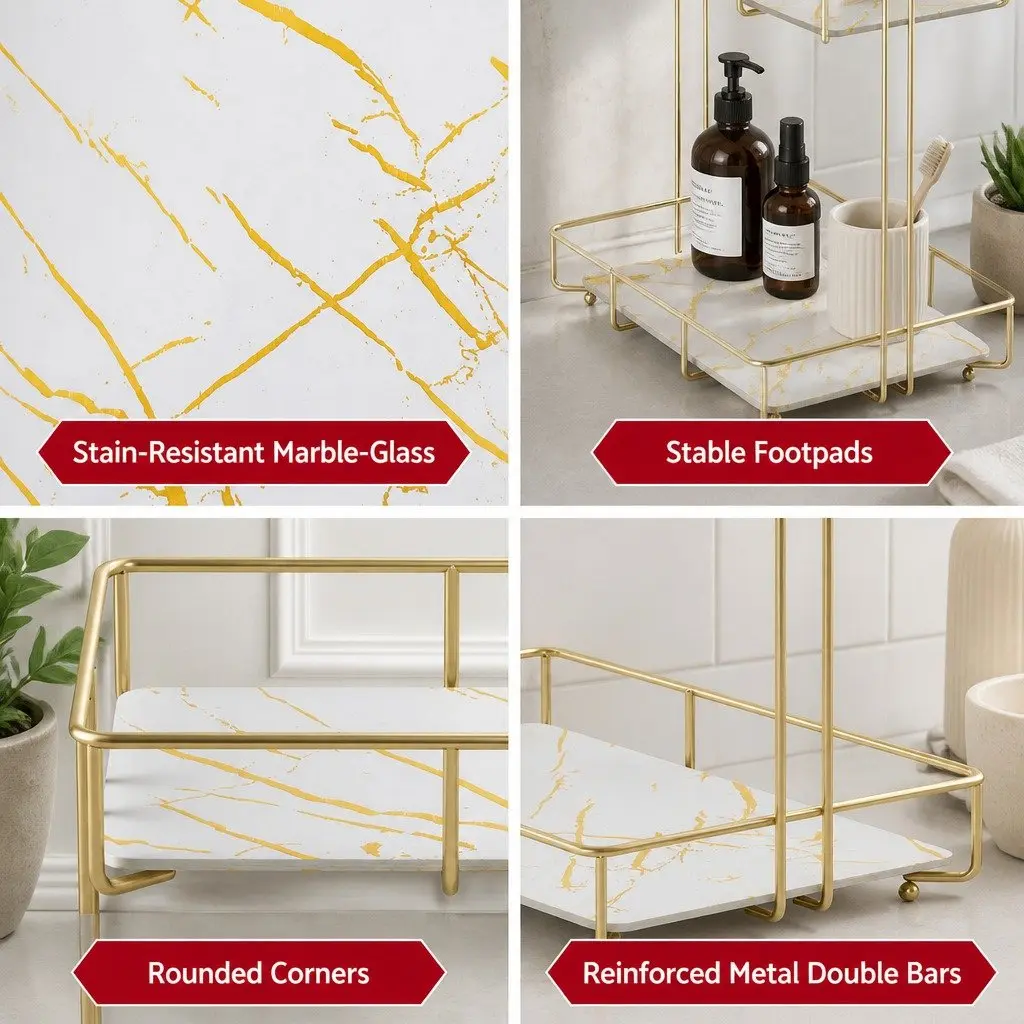 2 Tier Bathroom Corner Storage Rack Organiser Gold Marble Design Towel Holder