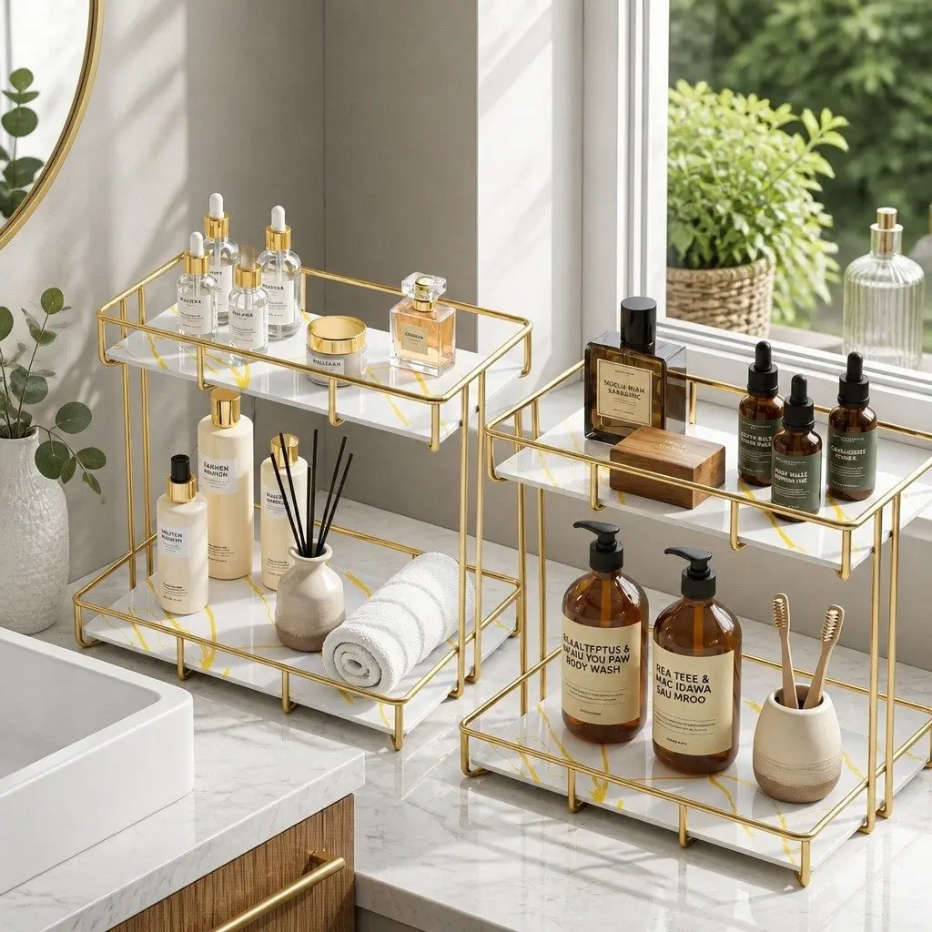 2 Tier Bathroom Corner Storage Rack Organiser Gold Marble Design Towel Holder