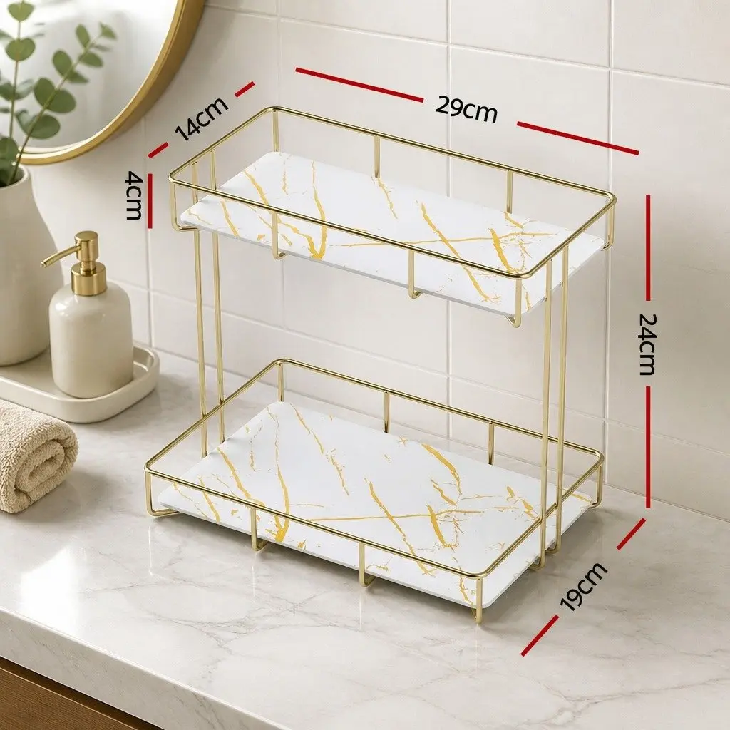 Bathroom Organiser 2 Tier Corner Storage Iron Gold Marble Finish Towel Holder