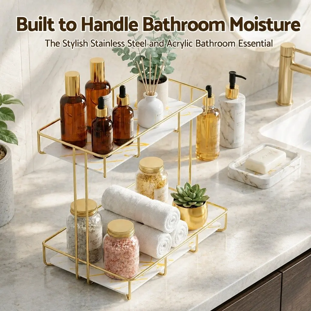 Bathroom Organiser 2 Tier Corner Storage Iron Gold Marble Finish Towel Holder