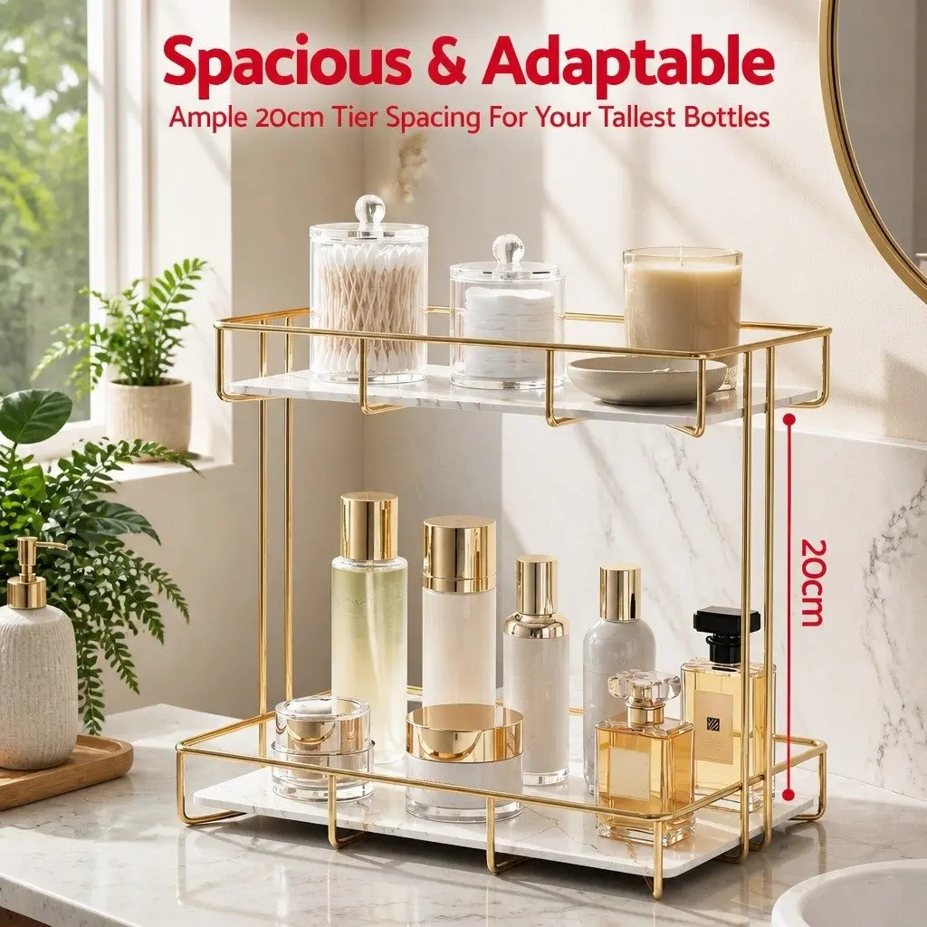 Bathroom Organiser 2 Tier Corner Storage Iron Gold Marble Finish Towel Holder