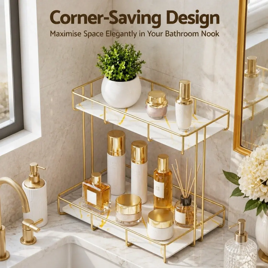 Bathroom Organiser 2 Tier Corner Storage Iron Gold Marble Finish Towel Holder