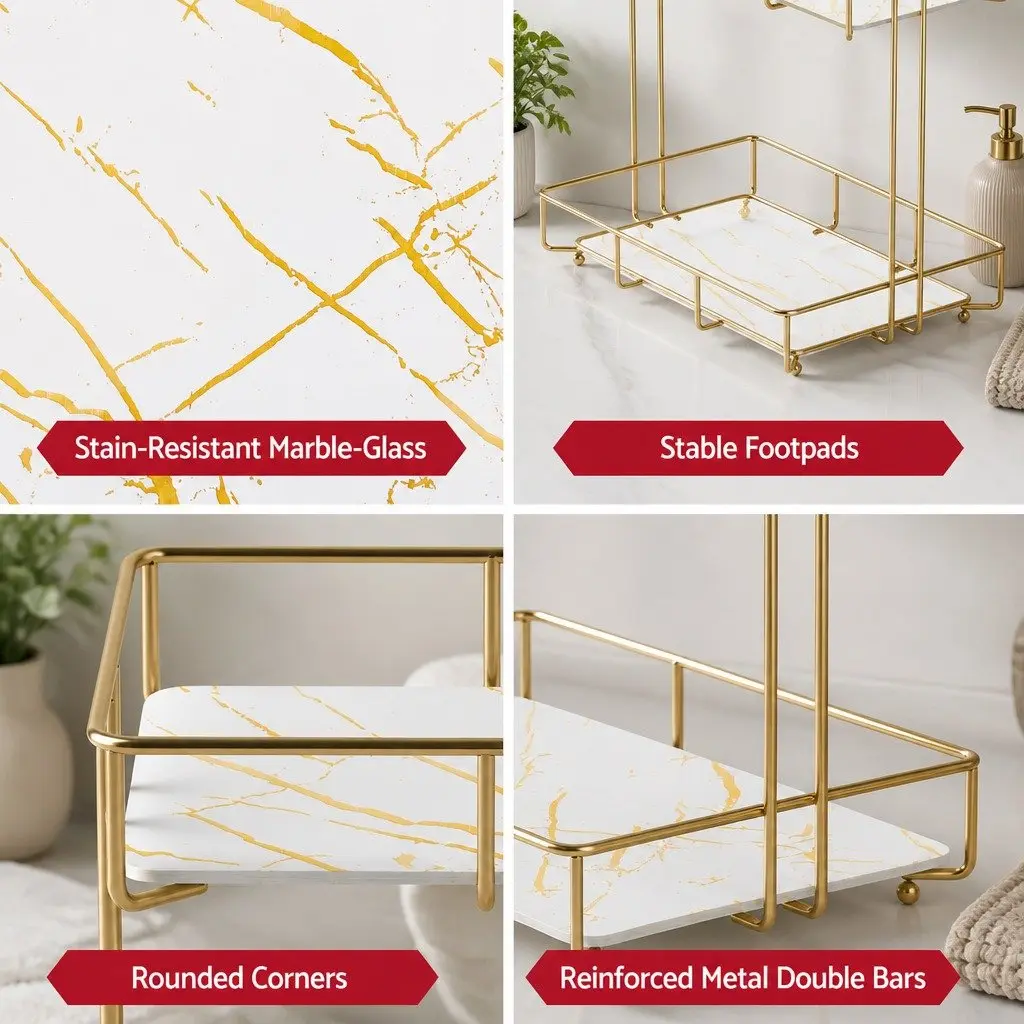 Bathroom Organiser 2 Tier Corner Storage Iron Gold Marble Finish Towel Holder