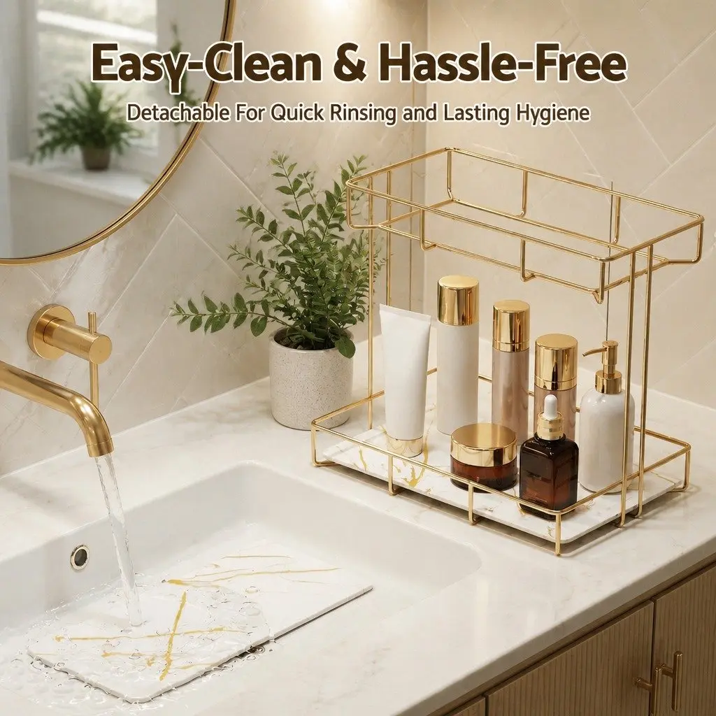 Bathroom Organiser 2 Tier Corner Storage Iron Gold Marble Finish Towel Holder